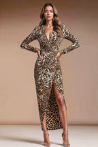 ELIZABETH - leopard fitted evening dress with sleeves