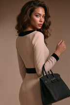GINGER - beige / black fitted mididress with long sleeves