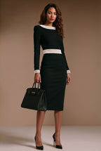 GINGER - black / off white fitted mididress with long sleeves