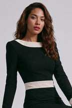 GINGER - black / off white fitted mididress with long sleeves