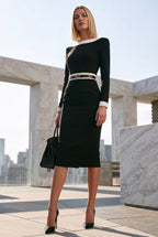 GINGER - black / off white fitted mididress with long sleeves