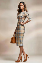 GINGER - beige Tartan mididress with 3/4 sleeves