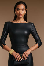 GINGER - black vegan leather sheath dress with sleeves