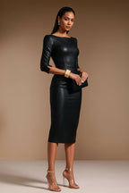 GINGER - black vegan leather sheath dress with sleeves