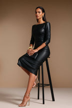 GINGER - black vegan leather sheath dress with sleeves