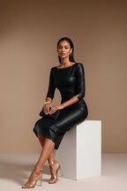 GINGER - black vegan leather sheath dress with sleeves