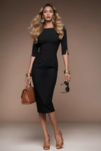 GINGER - black pinstripe sheath mididress with 3/4 sleeves