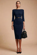 GINGER - navy fitted sheath dress with sleeves
