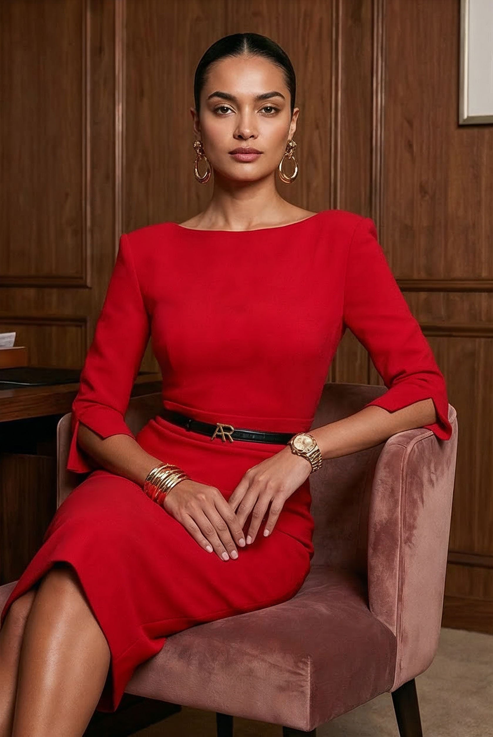 GINGER Red Sheath Evening Dress with 3/4 Sleeves by AUDRAY - image 2