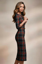 GINGER - navy tartan mididress with 3/4 sleeves