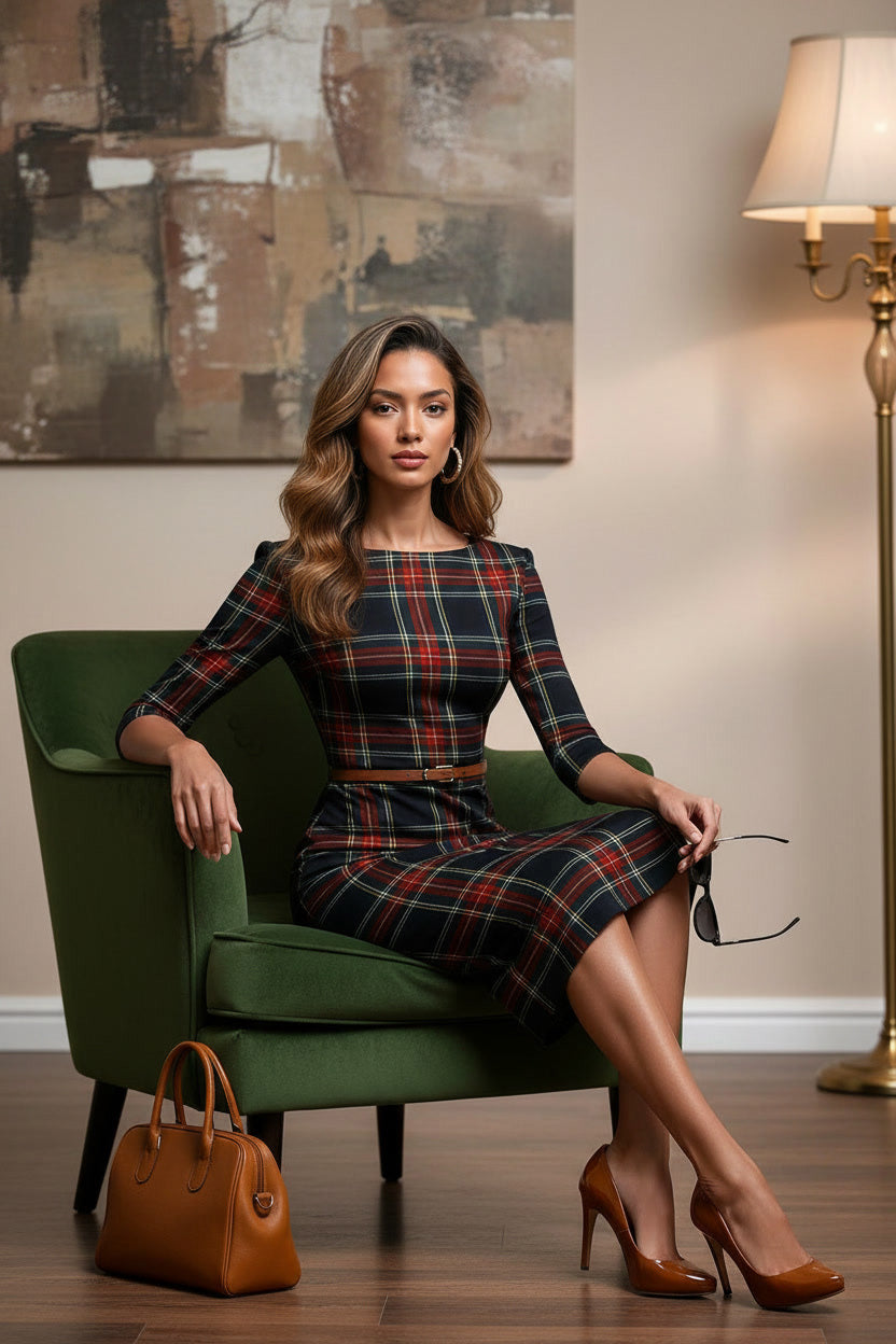 GINGER - navy tartan mididress with 3/4 sleeves