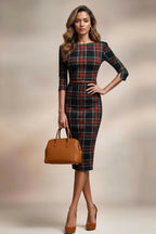 GINGER - navy tartan mididress with 3/4 sleeves