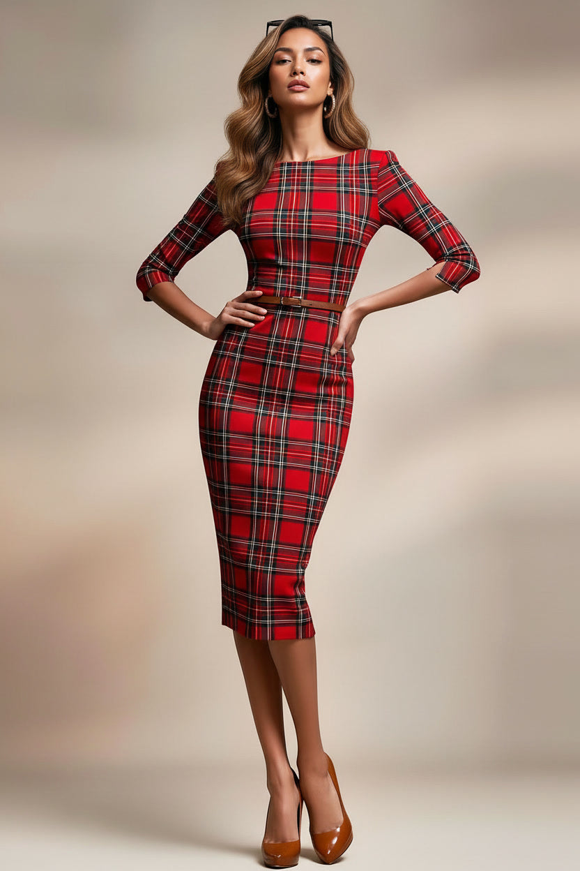 GINGER - red tartan mididress with 3/4 sleeves