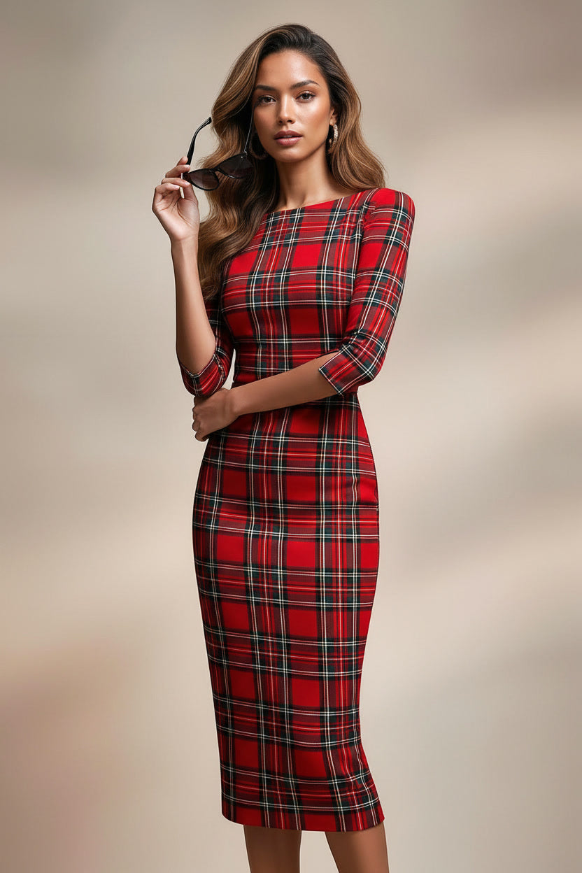 GINGER - red tartan mididress with 3/4 sleeves