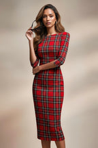 GINGER - red tartan mididress with 3/4 sleeves