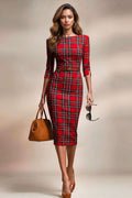 GINGER - red tartan mididress with 3/4 sleeves