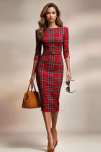 GINGER - red tartan mididress with 3/4 sleeves