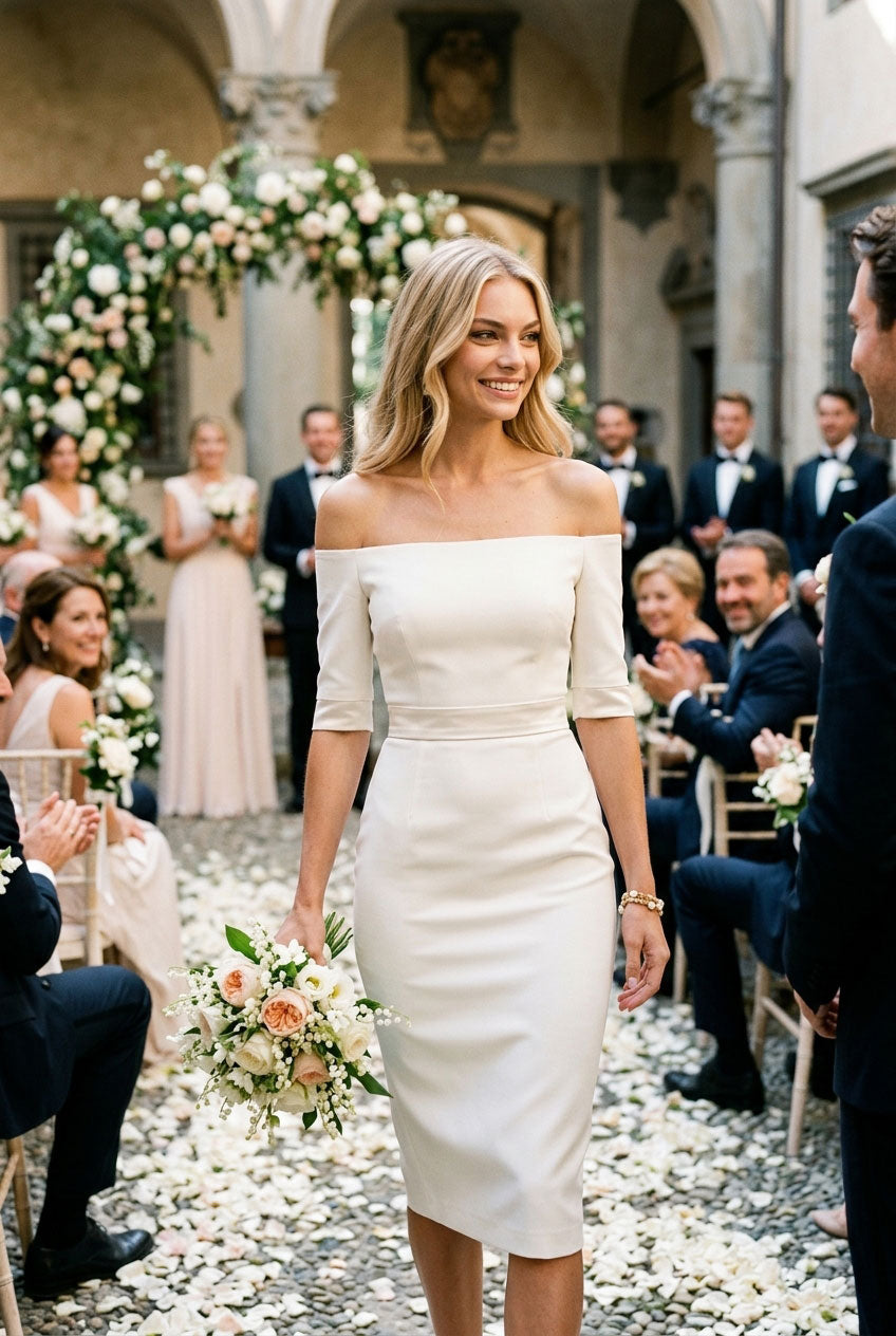 HALLE Ivory Sheath Wedding Ceremony Dress with 3/4 Sleeves by AUDRAY - image 9