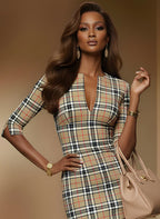 HONEY - beige fitted tartan sheath dress with 3/4 sleeves