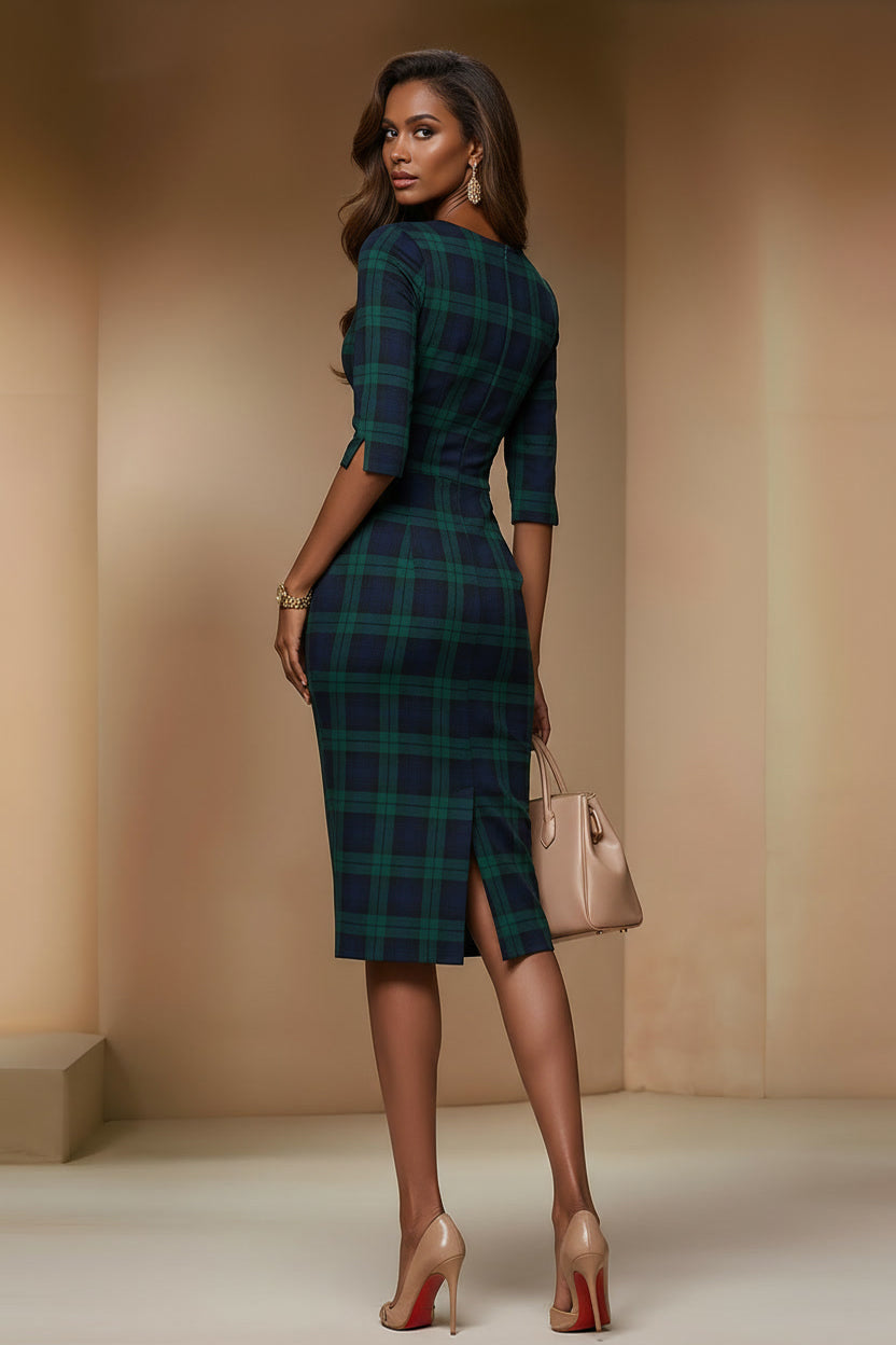 HONEY - green fitted tartan sheath dress with 3/4 sleeves