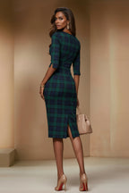 HONEY - green fitted tartan sheath dress with 3/4 sleeves