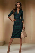 HONEY - green fitted tartan sheath dress with 3/4 sleeves