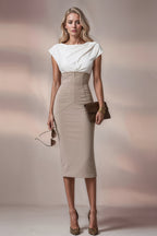 JACKIE - stone grey / light ivory fitted sheath dress