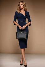 JESSICA - navy fitted sheath dress with 3/4 sleeves
