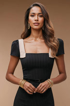 MARLENE - black pinstripe / beige fitted sheath dress