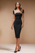 MARLENE - black pinstripe / beige fitted sheath dress