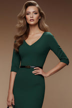 MERYL - dark green fitted sheath dress with 3/4 sleeves