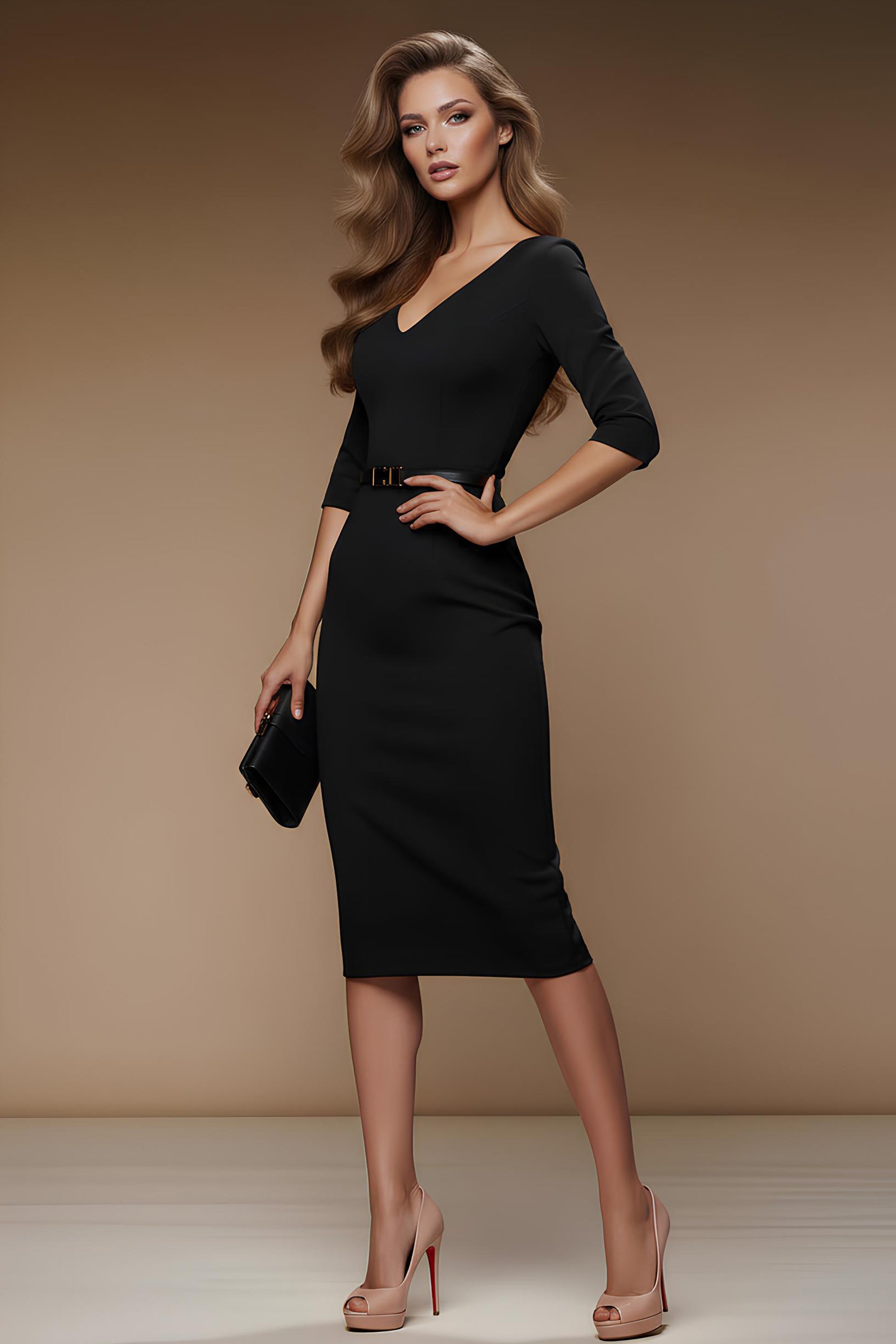 MERYL - black fitted sheath dress with 3/4 sleeves