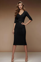 MERYL - navy blue fitted sheath dress with 3/4 sleeves