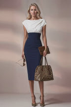 JACKIE - navy / light ivory fitted midi sheath dress