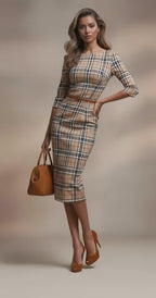 GINGER - beige Tartan mididress with 3/4 sleeves