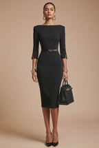 GINGER - black fitted sheath dress with sleeves
