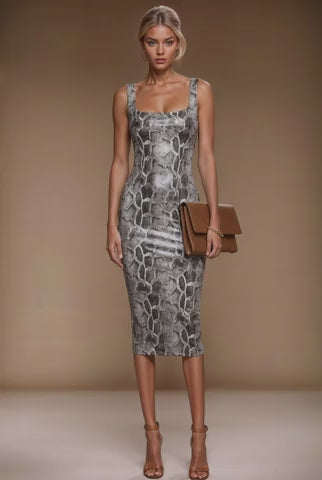 BRIGITTE - faux snake skin leather fitted midi-dress