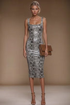 BRIGITTE - faux snake skin leather fitted midi-dress