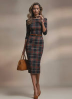 GINGER - navy tartan mididress with 3/4 sleeves