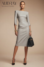 GINGER - light grey vegan leather sheath dress with 3/4 sleeves
