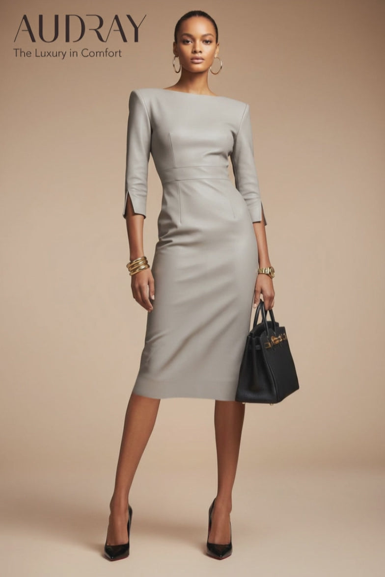 GINGER - light grey vegan leather sheath dress with 3/4 sleeves