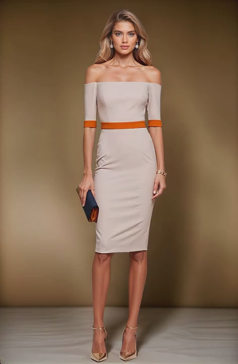 HALLE - Champagne / orange fitted sheath dress with 3/4 sleeves
