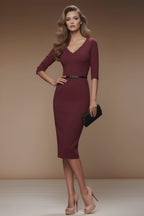 MERYL - bordeaux fitted sheath dress with sleeves