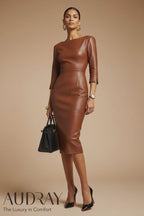 GINGER - cognac vegan leather sheath dress with 3/4 sleeves