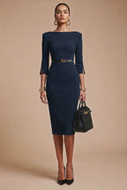 GINGER - navy fitted sheath dress with sleeves