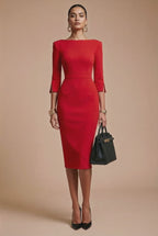 GINGER - red fitted sheath dress with sleeves