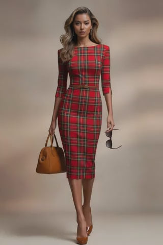 GINGER - red tartan mididress with 3/4 sleeves