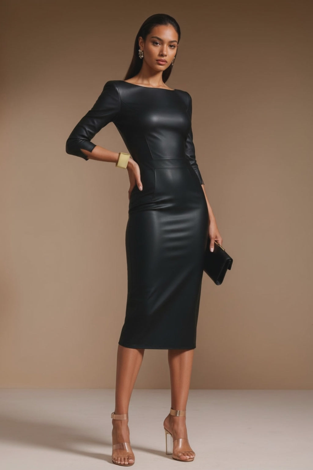 GINGER - black vegan leather sheath dress with sleeves