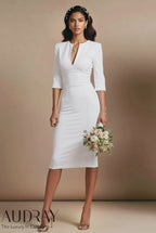 THE AUDRAY - white fitted wedding ceremony dress with 3/4 sleeves