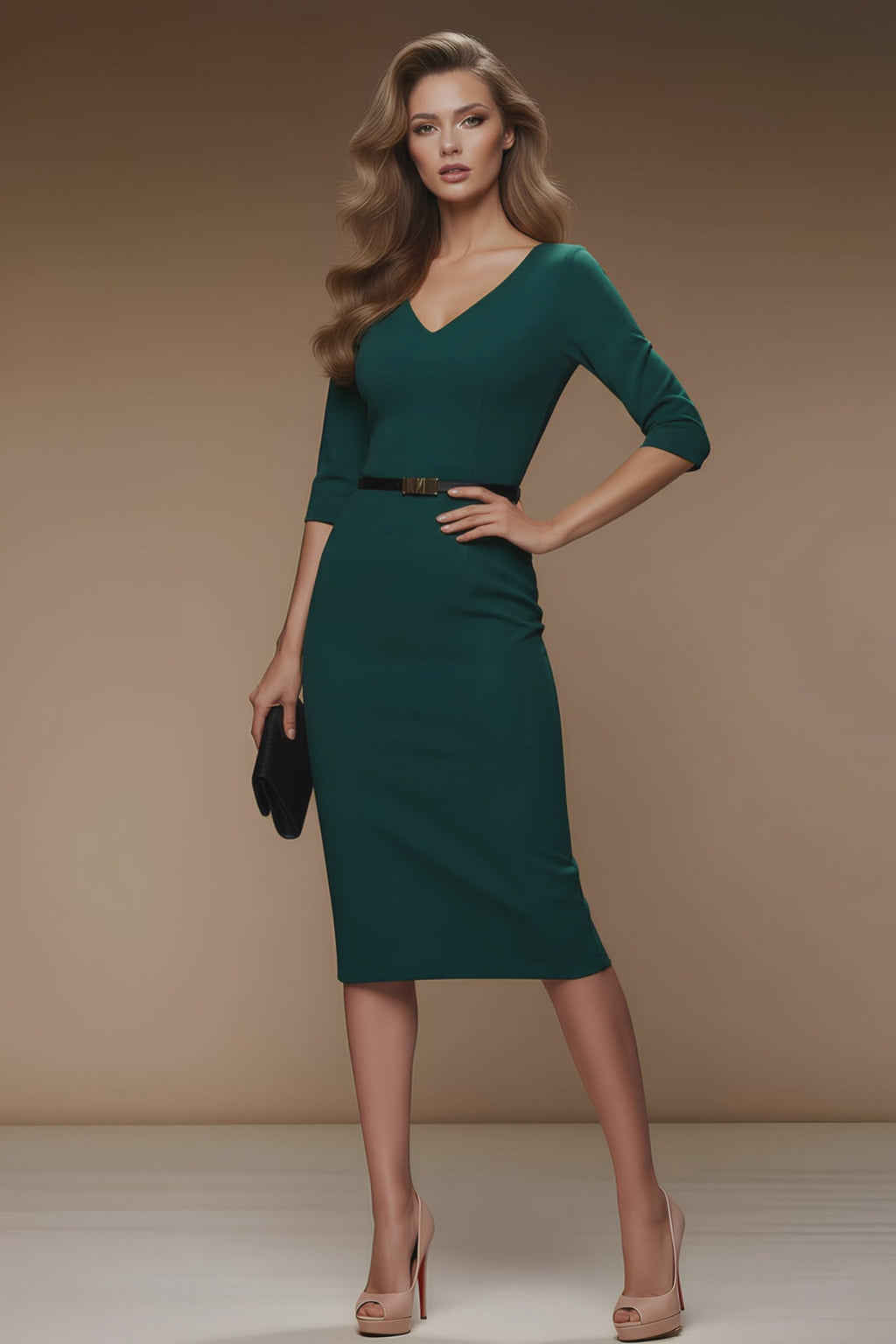 MERYL - dark green fitted sheath dress with 3/4 sleeves